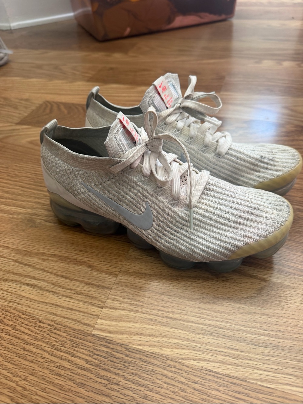 Nike Women's Pale Beige Flyknit VaporMax Sneakers with Gray Swoosh